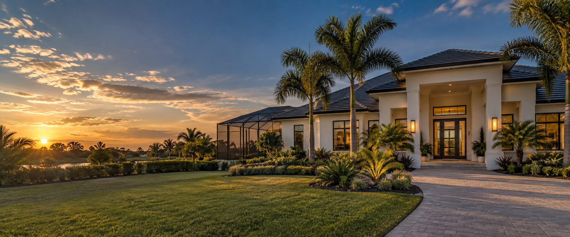 Modern Florida home at sunset with tropical landscaping